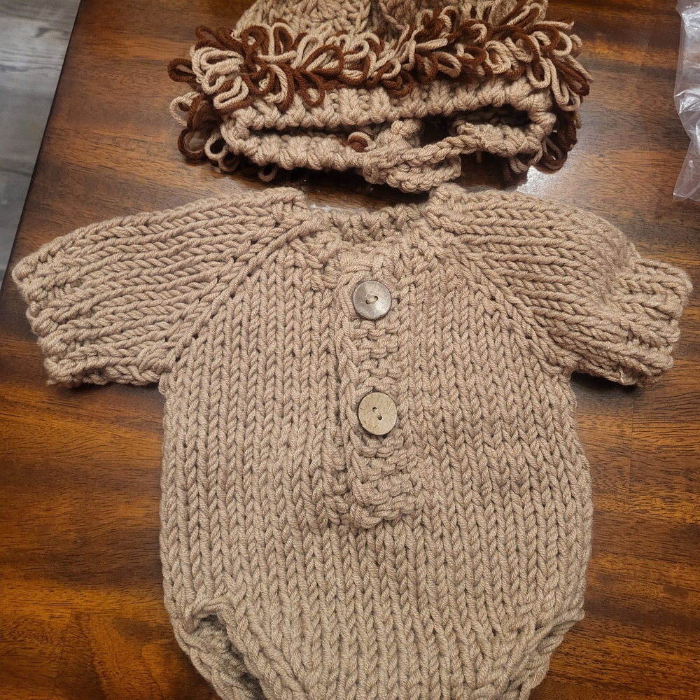 Handmade Tan Knit Baby Romper and Hat Set